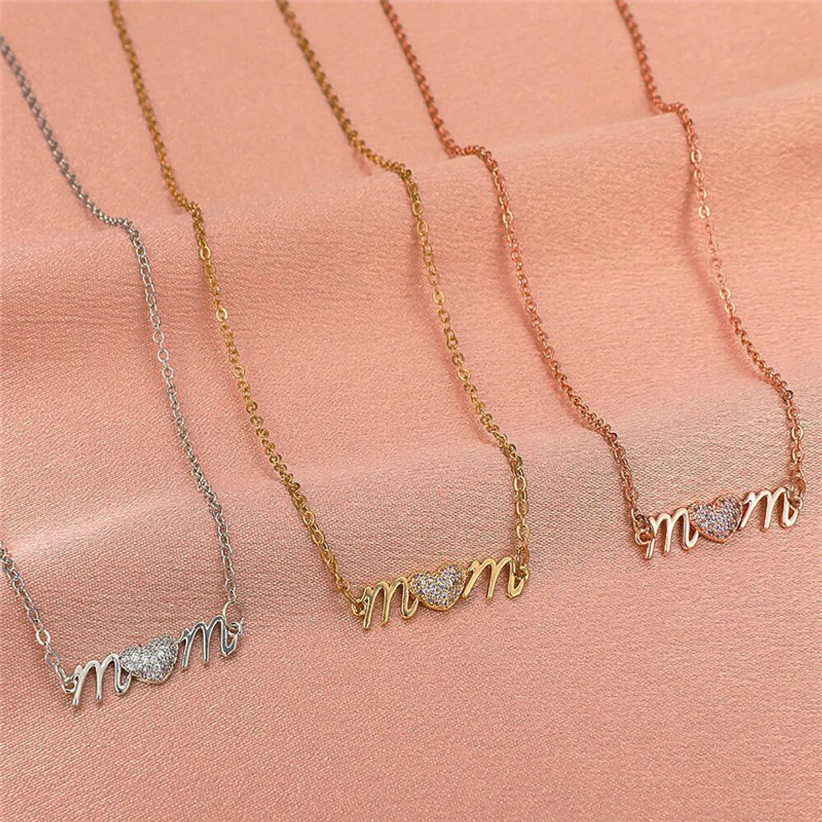 Mama Letter Heart Shape Copper Inlay Artificial Diamond Necklace