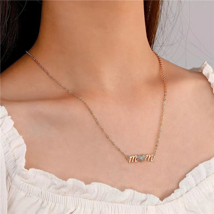 Mama Letter Heart Shape Copper Inlay Artificial Diamond Necklace