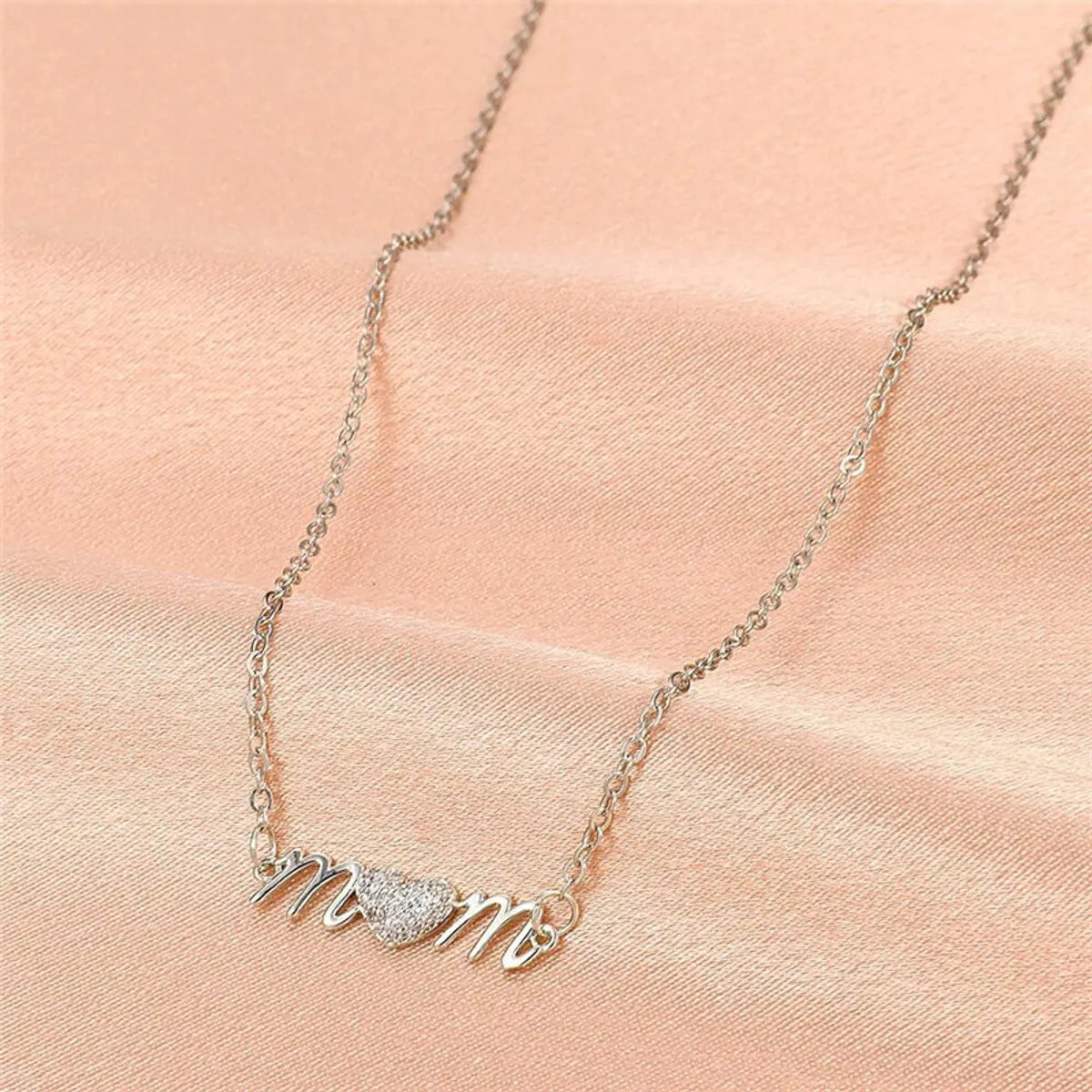 Mama Letter Heart Shape Copper Inlay Artificial Diamond Necklace