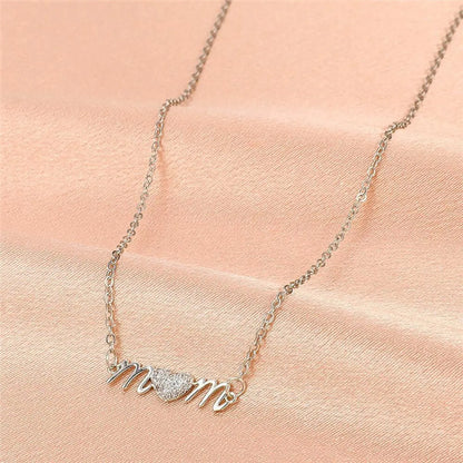 Mama Letter Heart Shape Copper Inlay Artificial Diamond Necklace