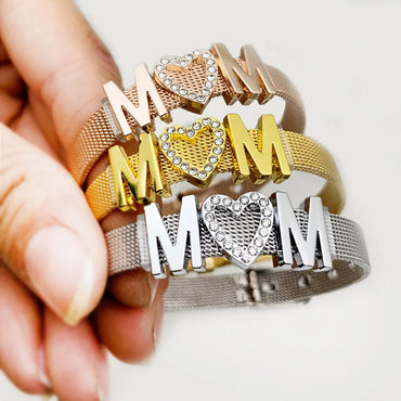 Mama Letter Stainless Steel Inlay Rhinestones Bracelets