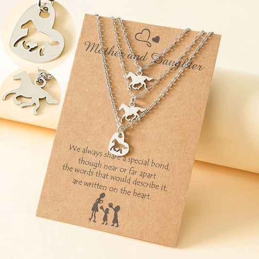 Mama Simple Style Horse Stainless Steel Polishing Hollow Out Pendant Necklace 3 Piece Set