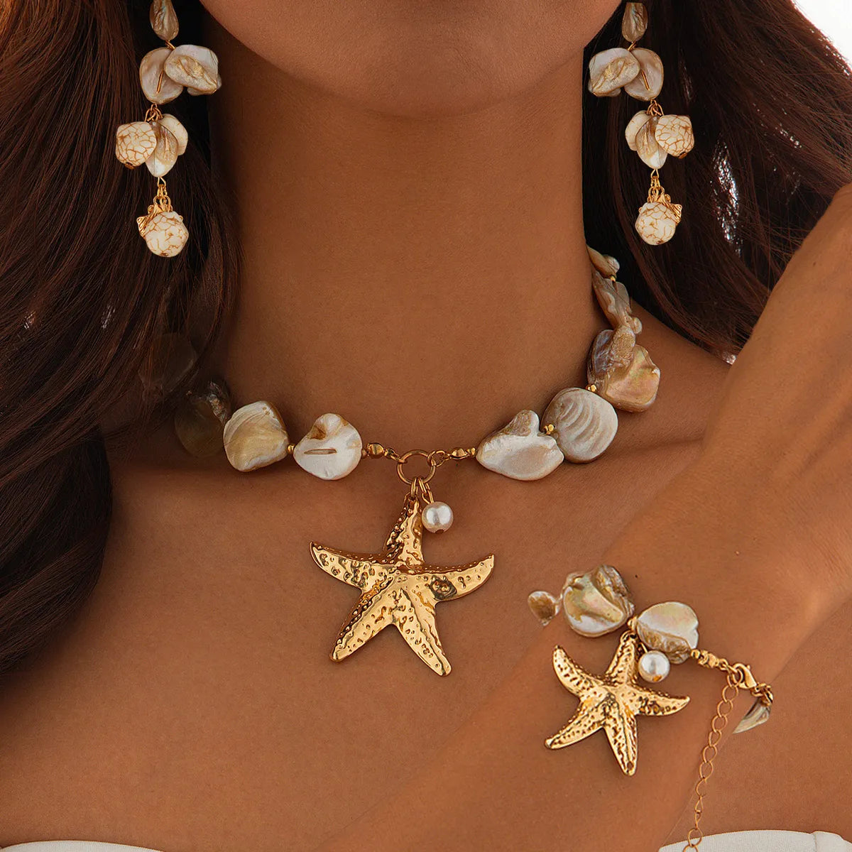 Marine Style Starfish Imitation Pearl Alloy Shell Women'S Jewelry Set