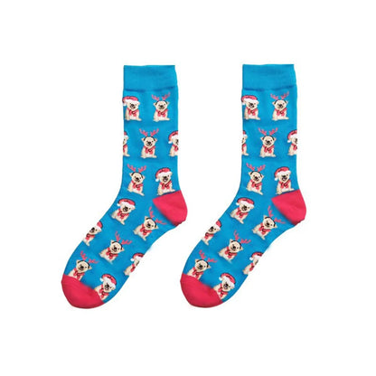 Men'S Cartoon Style Santa Claus Dog Cotton Crew Socks A Pair