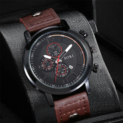 Men'S Leather Rope Watch Calendar Sports Quartz Watch Bracelet Set