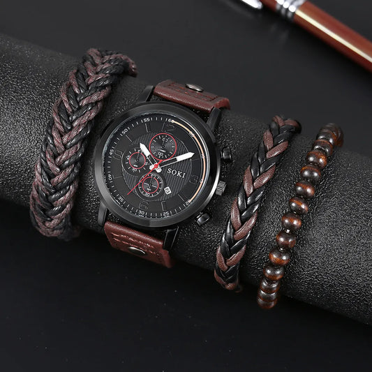 Men'S Leather Rope Watch Calendar Sports Quartz Watch Bracelet Set