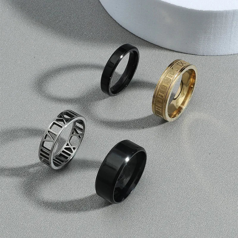 Men'S Stainless Steel Roman Numeral Rings Set Of 4