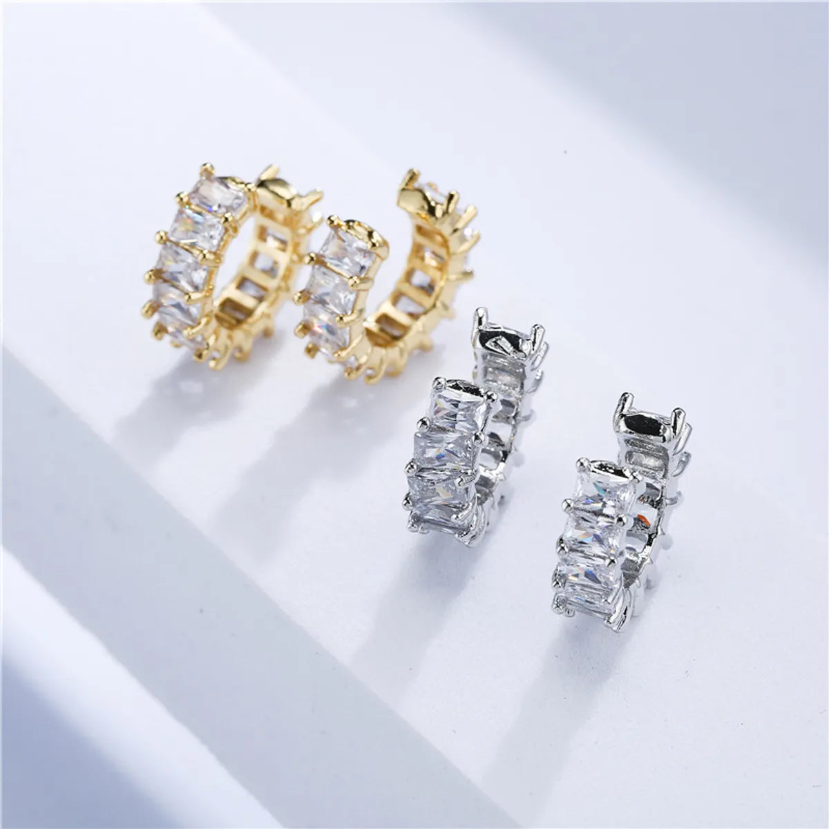 Micro-inlaid Zircon Ear Clip Square Diamond Earrings Copper Plated 18k Gold Jewelry