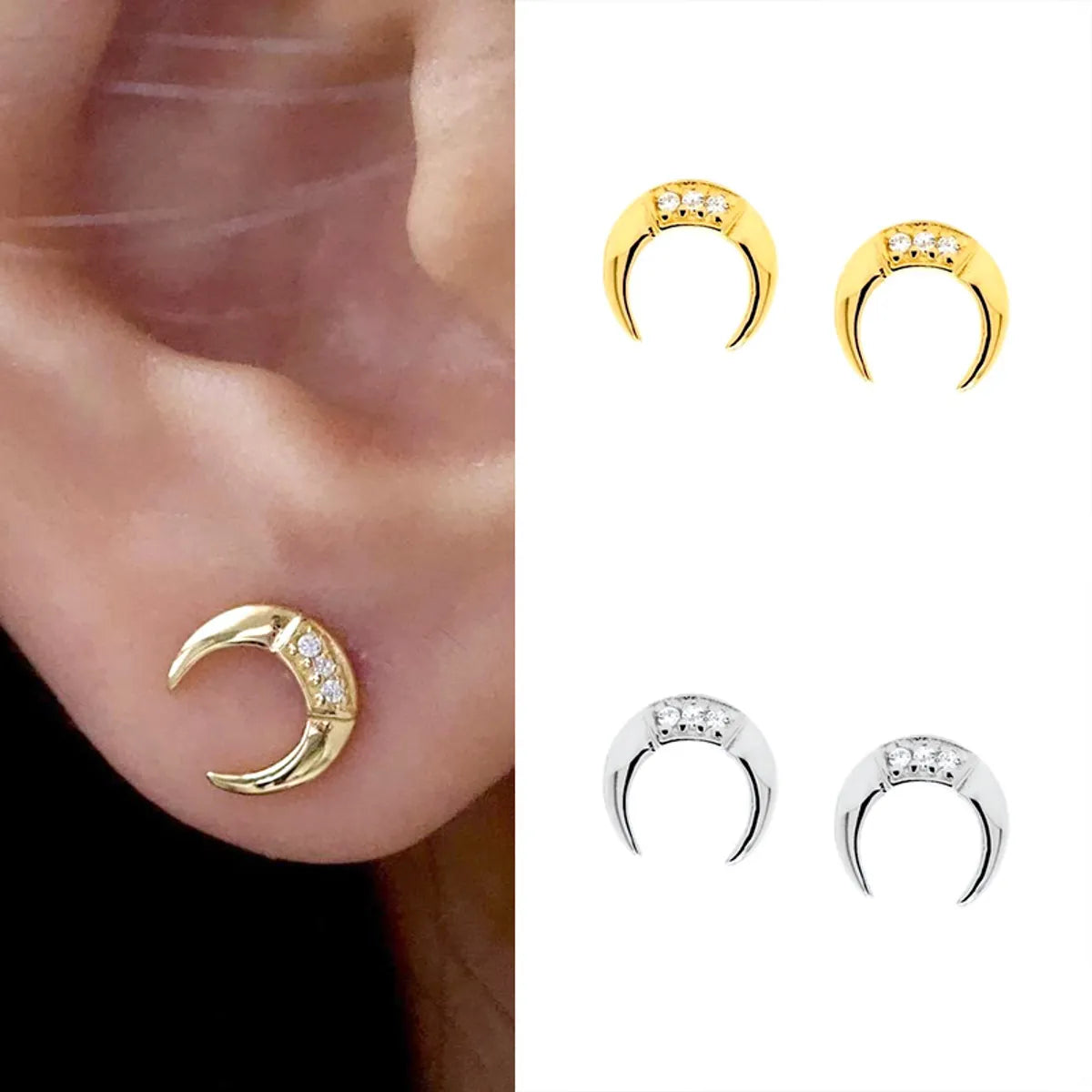 Micro-Inlaid Zircon Moon Crescent Earrings