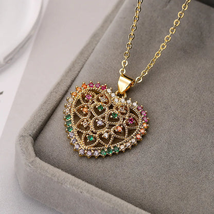 Modern Style Artistic Tree Heart Shape Copper 18k Gold Plated Zircon Pendant Necklace In Bulk