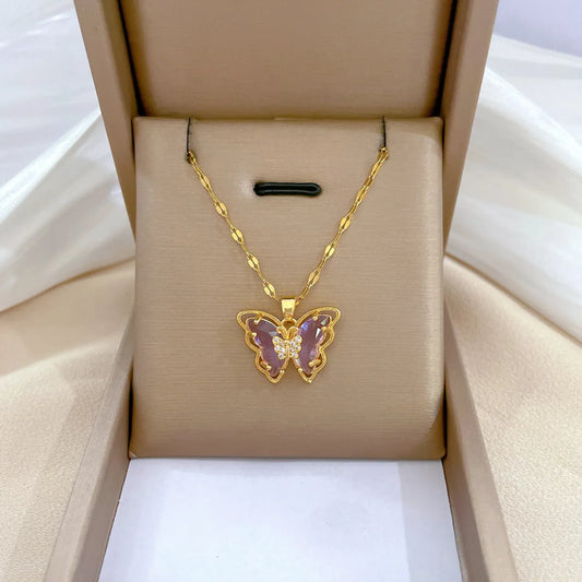 Modern Style Butterfly Stainless Steel Copper Inlay Zircon Pendant Necklace