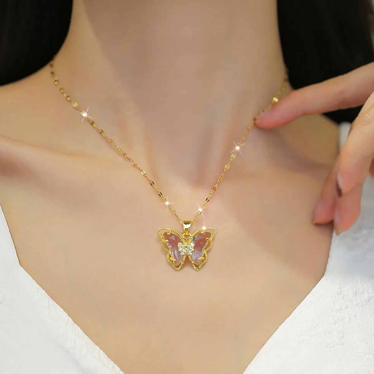 Modern Style Butterfly Stainless Steel Copper Inlay Zircon Pendant Necklace