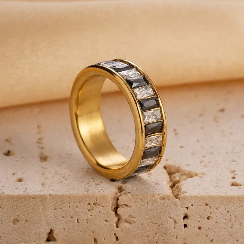 304 Stainless Steel 14K Gold Plated Modern Style Classic Style Artistic Plating Inlay Rectangle Zircon Rings