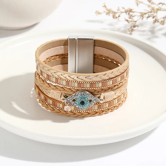 Modern Style Classic Style Devil'S Eye Pu Leather Plating Inlay Rhinestones Women'S Bangle