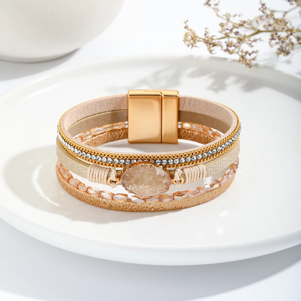 Modern Style Classic Style Geometric Pu Leather Beaded Inlay Artificial Crystal Zircon Women'S Bangle