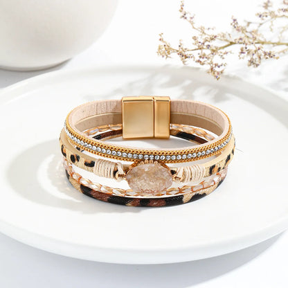 Modern Style Classic Style Geometric Pu Leather Beaded Inlay Artificial Crystal Zircon Women'S Bangle