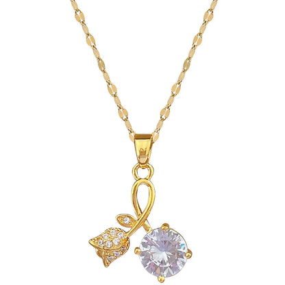 Modern Style Classic Style Rose Titanium Steel Copper Plating Inlay Artificial Gemstones Gold Plated Pendant Necklace