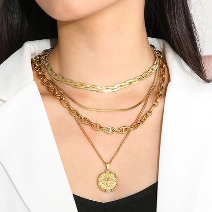 Modern Style Coin Stainless Steel Titanium Steel Plating 18k Gold Plated Layered Necklaces