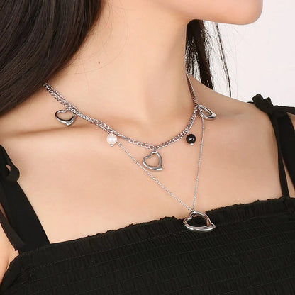 Modern Style Cool Style Heart Shape Stainless Steel Titanium Steel Pearl Plating Hollow Out Layered Necklaces