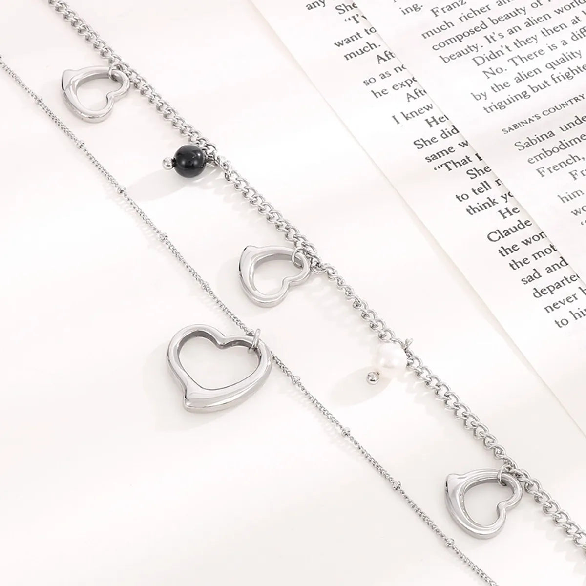 Modern Style Cool Style Heart Shape Stainless Steel Titanium Steel Pearl Plating Hollow Out Layered Necklaces