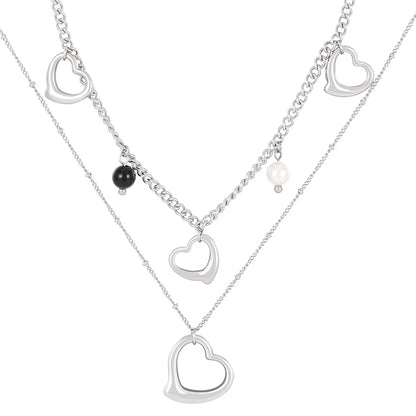 Modern Style Cool Style Heart Shape Stainless Steel Titanium Steel Pearl Plating Hollow Out Layered Necklaces