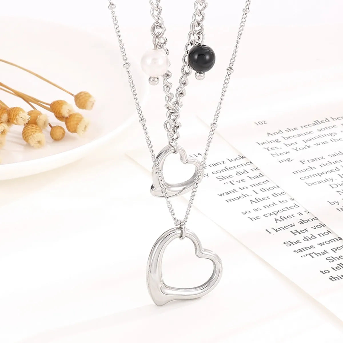 Modern Style Cool Style Heart Shape Stainless Steel Titanium Steel Pearl Plating Hollow Out Layered Necklaces