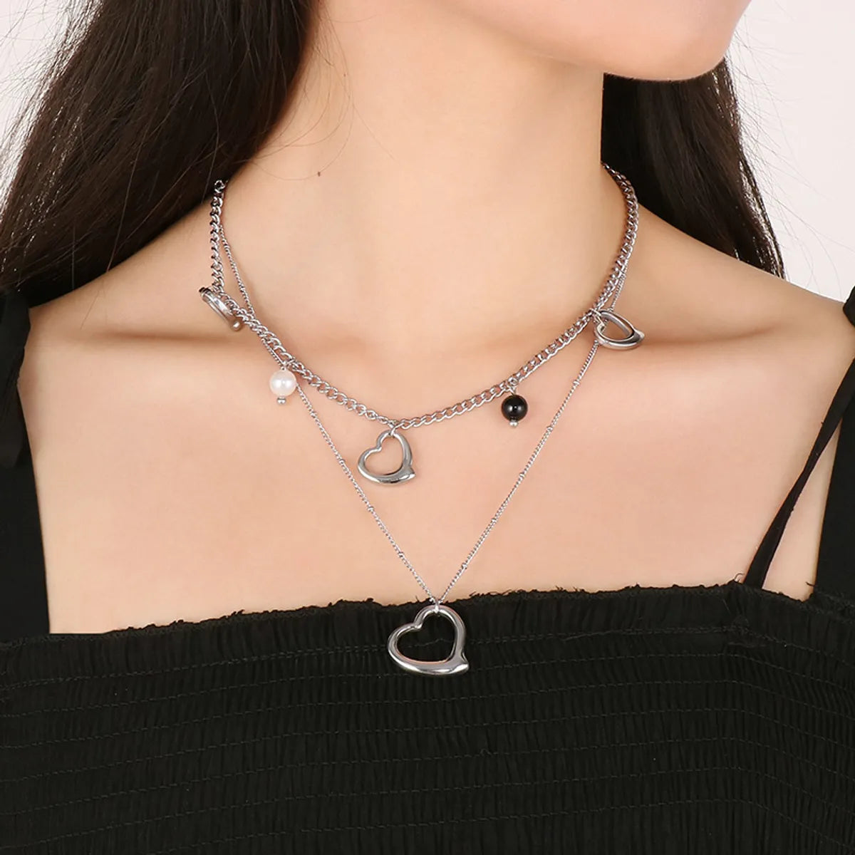 Modern Style Cool Style Heart Shape Stainless Steel Titanium Steel Pearl Plating Hollow Out Layered Necklaces