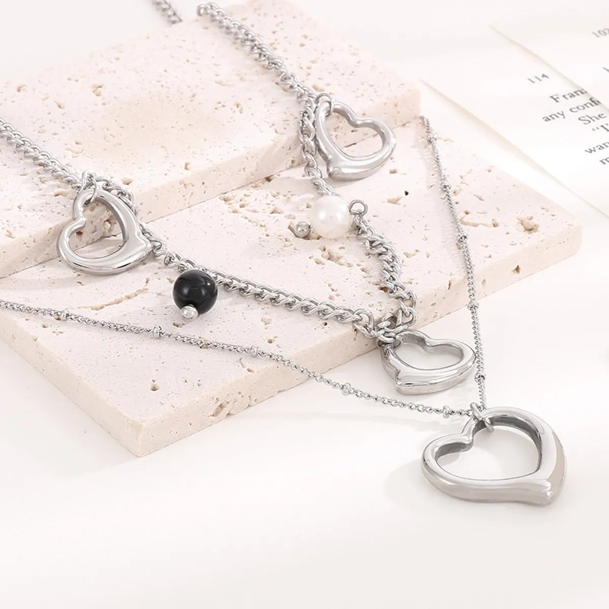 Modern Style Cool Style Heart Shape Stainless Steel Titanium Steel Pearl Plating Hollow Out Layered Necklaces