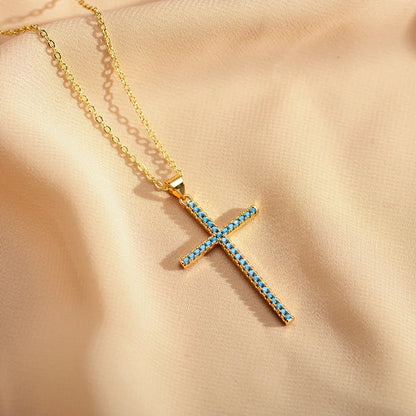 Modern Style Cross Copper Inlay Zircon Pendant Necklace