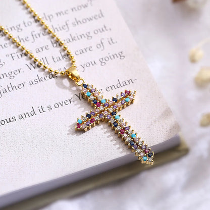 Modern Style Cross Copper Plating Inlay Zircon 18k Gold Plated Pendant Necklace