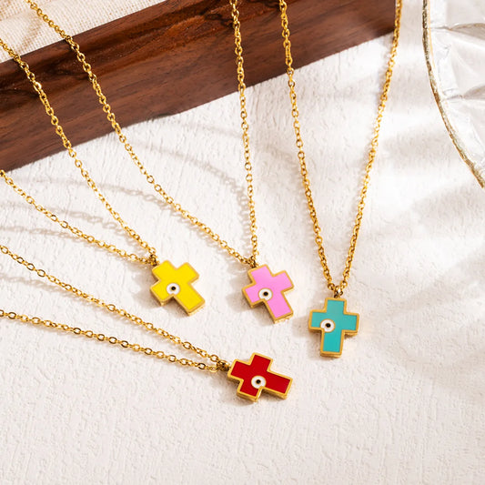 Modern Style Cross Eye Stainless Steel Enamel Three-dimensional 18k Gold Plated Pendant Necklace