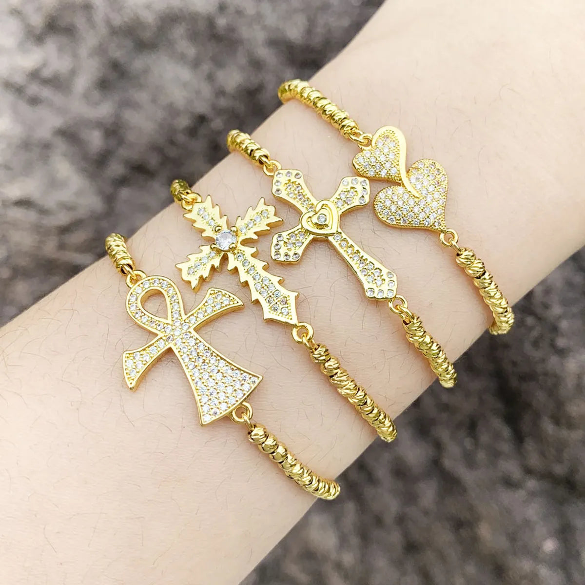 Modern Style Cross Heart Shape Copper 18k Gold Plated Zircon Bracelets In Bulk