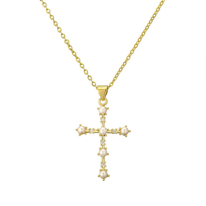 Modern Style Cross Letter Devil'S Eye Copper Gold Plated Pearl Zircon Pendant Necklace In Bulk