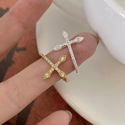 Modern Style Cross Sterling Silver Inlay Zircon Open Ring