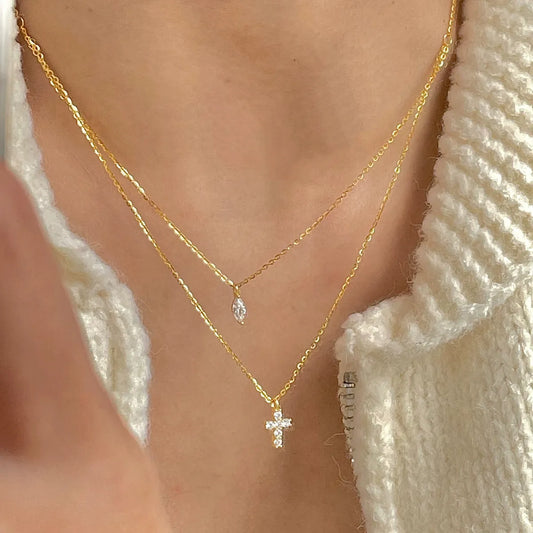 Modern Style Cross Sterling Silver Zircon Double Layer Necklaces In Bulk