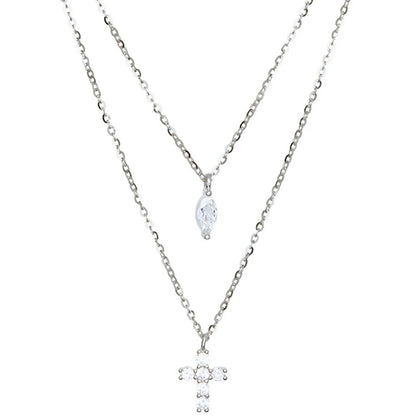 Modern Style Cross Sterling Silver Zircon Double Layer Necklaces In Bulk