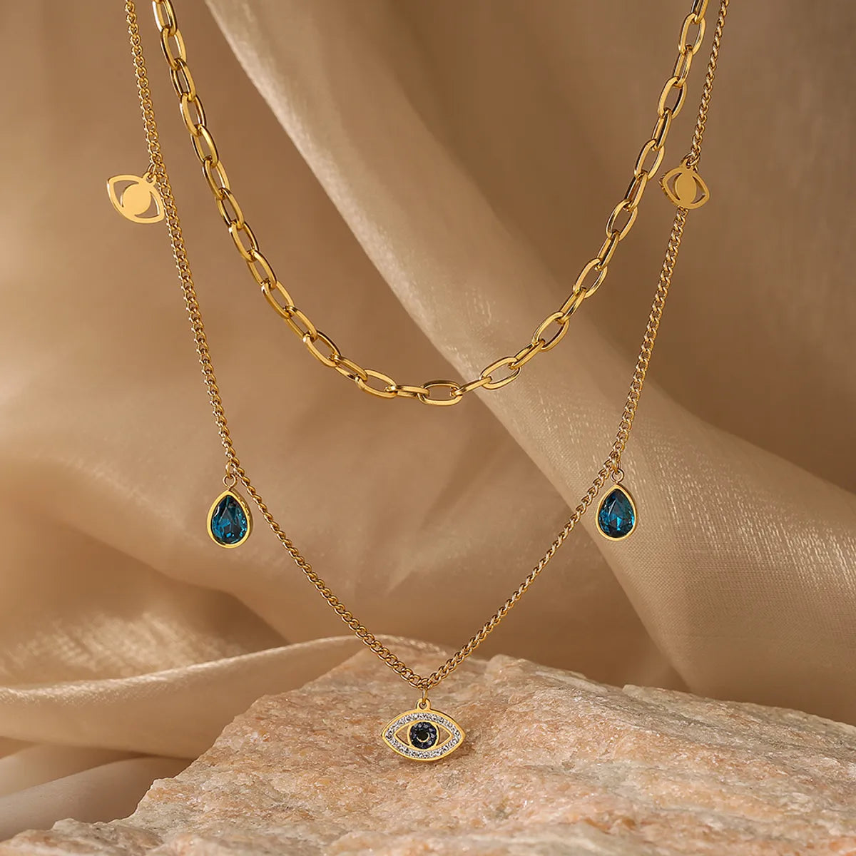 Modern Style Devil's Eye Titanium Steel Layered Plating Inlay Zircon 18k Gold Plated Layered Necklaces