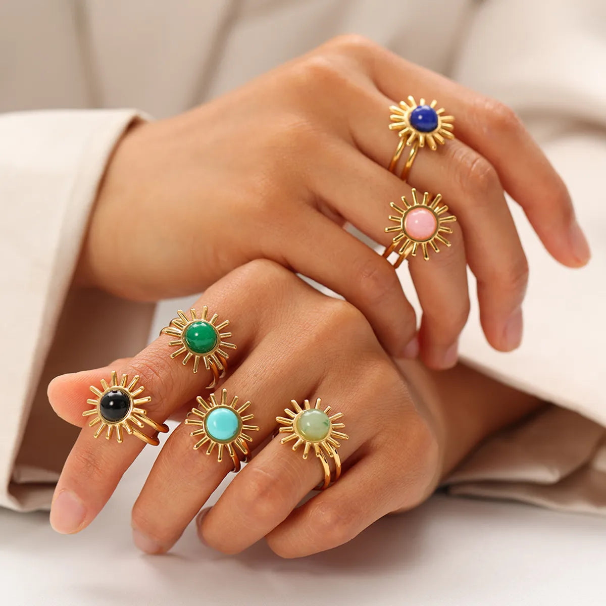 Modern Style Flower Stainless Steel Inlay Turquoise Open Rings