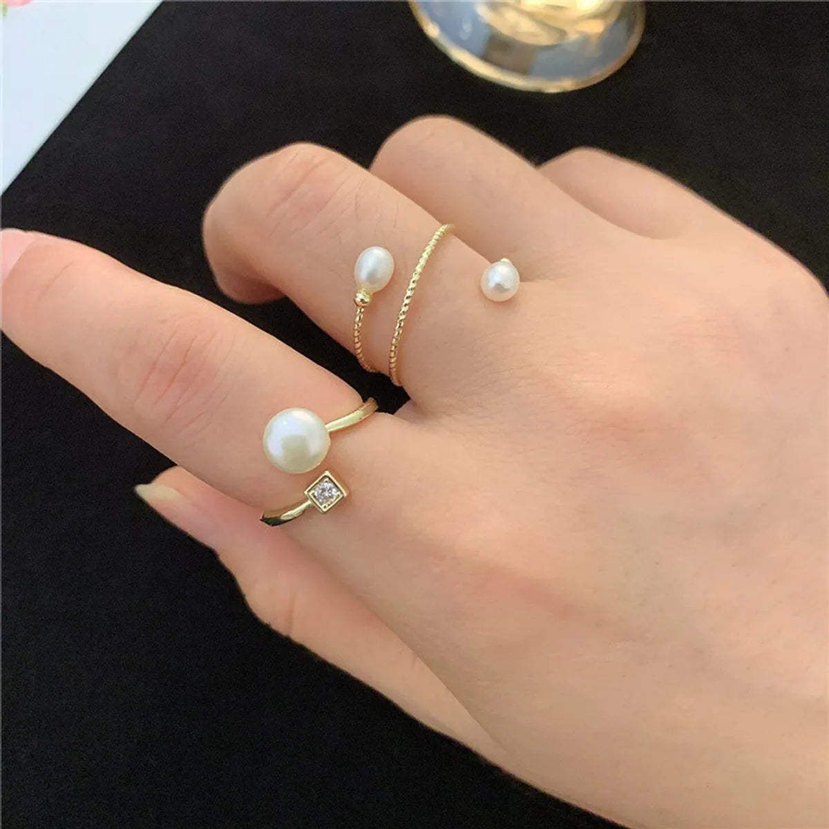 Modern Style Geometric Freshwater Pearl Copper Inlay Freshwater Pearl Open Ring