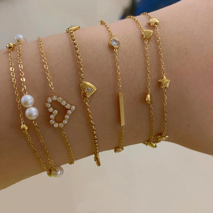 Modern Style Geometric Star Heart Shape 304 Stainless Steel 16K Gold Plated White Gold Plated Gold Plated Artificial Pearls Rhinestones Bracelets In Bulk