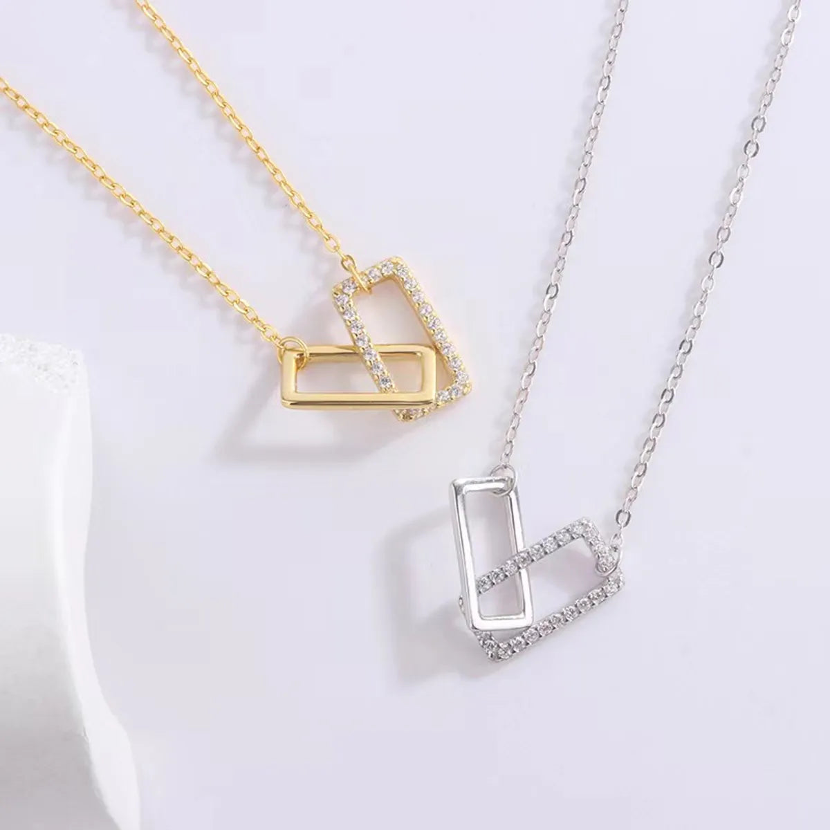 Modern Style Geometric Sterling Silver Plating Inlay Artificial Rhinestones 14k Gold Plated Pendant Necklace