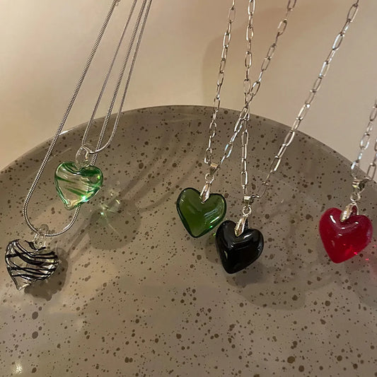 Modern Style Heart Shape Glass Titanium Steel Polishing Necklace