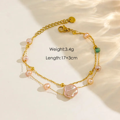 Modern Style IG Style Geometric Flower 304 Stainless Steel Natural Stone Freshwater Pearl 14K Gold Plated Natural Stone Shell Zircon Bracelets In Bulk