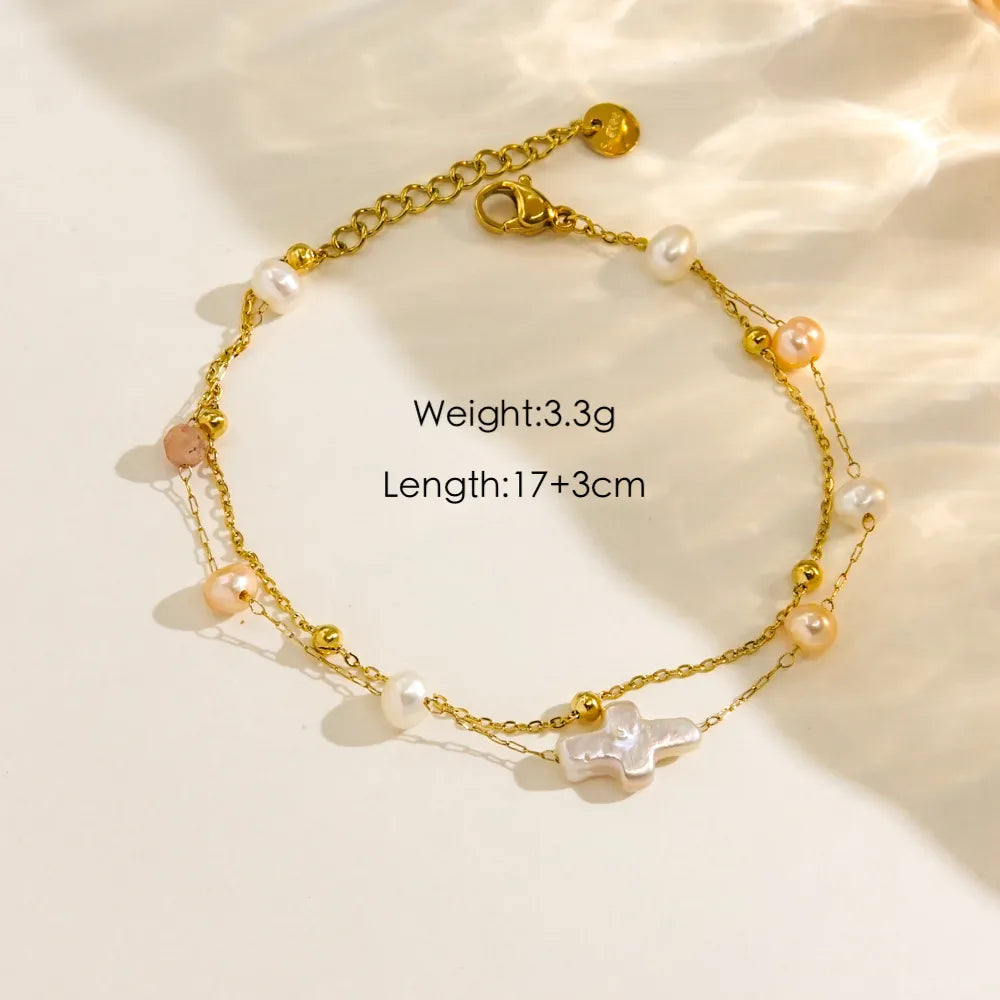 Modern Style IG Style Geometric Flower 304 Stainless Steel Natural Stone Freshwater Pearl 14K Gold Plated Natural Stone Shell Zircon Bracelets In Bulk