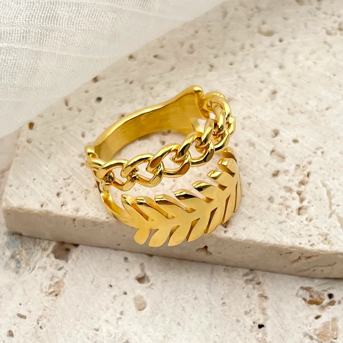 Modern Style Leaves Stainless Steel Gold Plated Wide Band Ring In Bulk