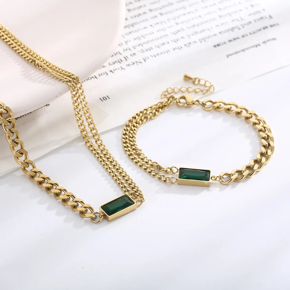 Modern Style Rectangle Titanium Steel Plating Inlay Glass 18k Gold Plated Bracelets Necklace