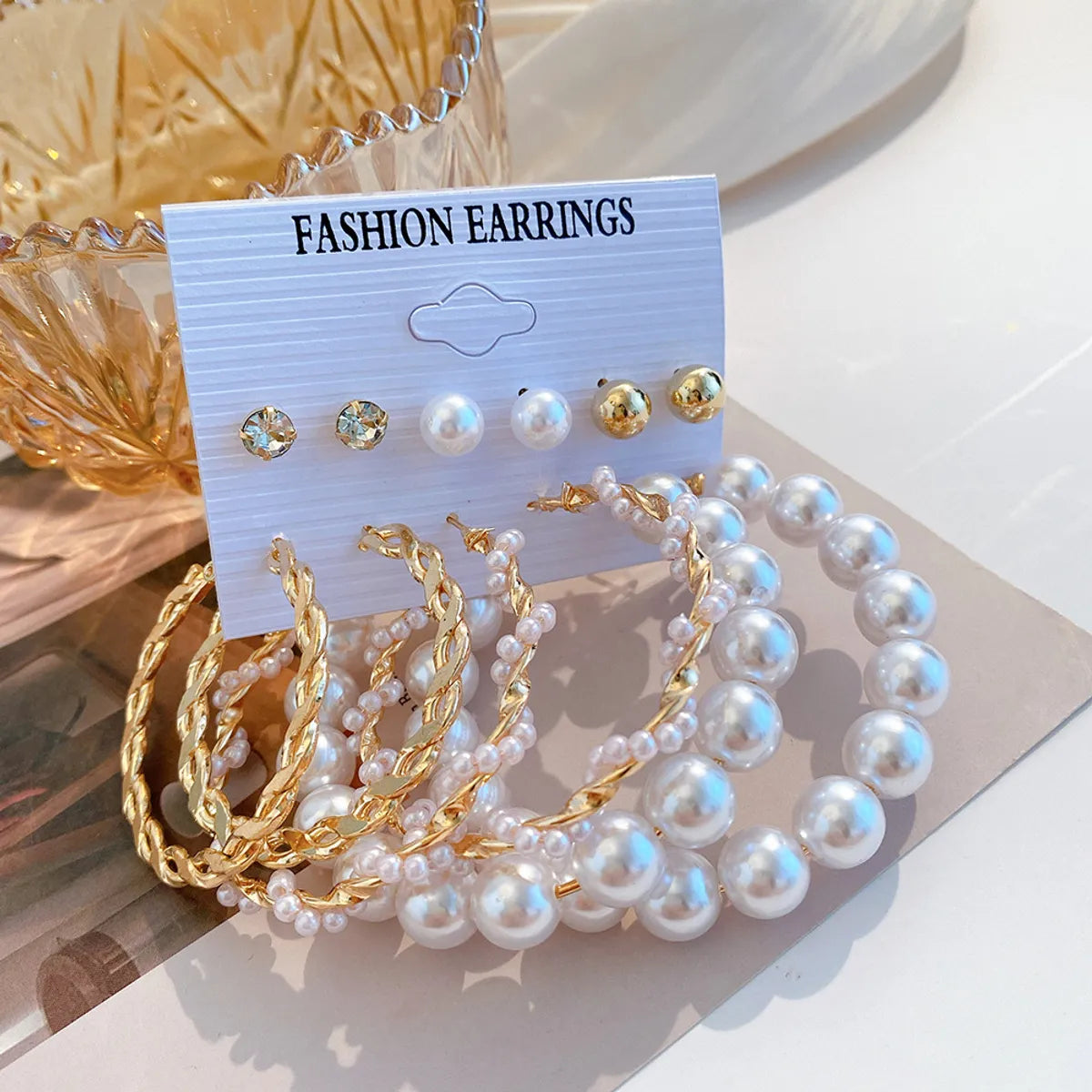 Modern Style Round Alloy Artificial Rhinestones Artificial Pearls Earrings 6 Pairs