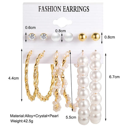 Modern Style Round Alloy Artificial Rhinestones Artificial Pearls Earrings 6 Pairs