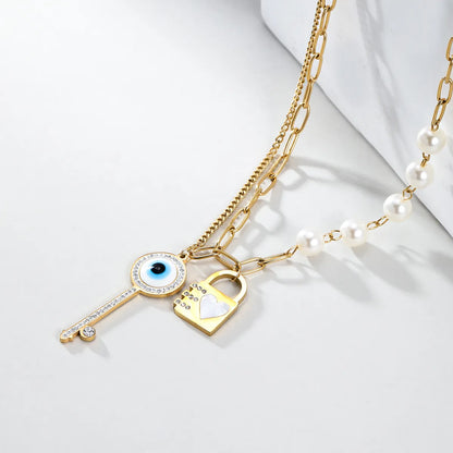 Modern Style Shiny Key Lock Stainless Steel Plastic Plating Inlay Zircon 18k Gold Plated Pendant Necklace