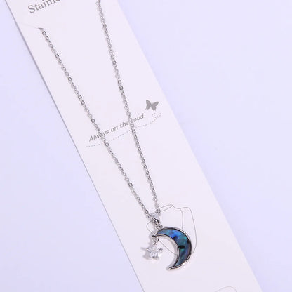 Modern Style Shiny Star Moon Stainless Steel Copper Plating Inlay Zircon White Gold Plated Pendant Necklace